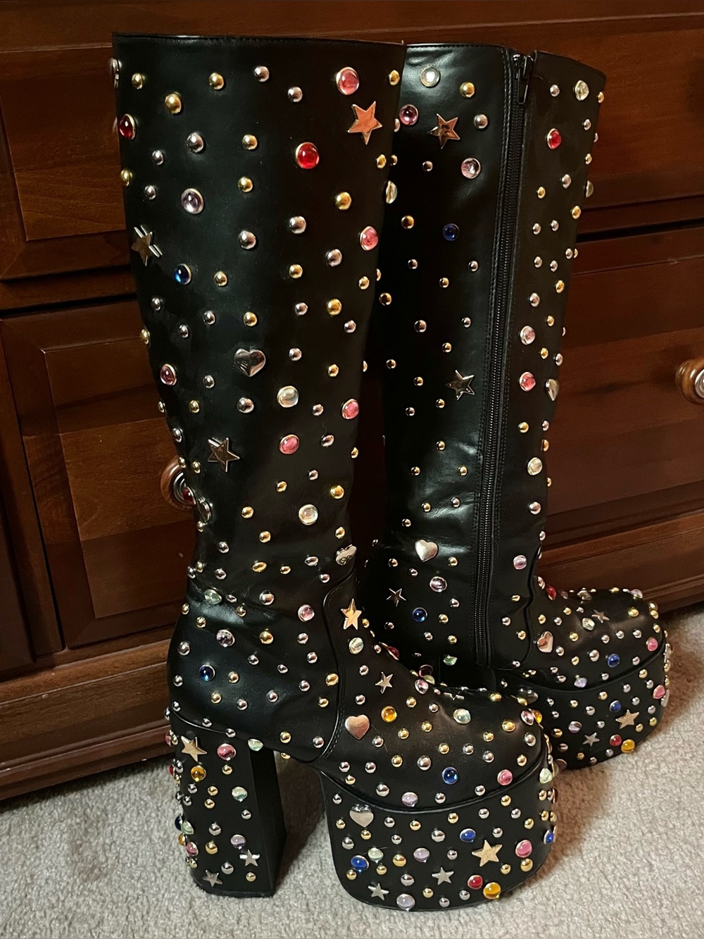 Current Mood Dolls Kill Black Jewel Gemstone Knee High Platform Boots 8